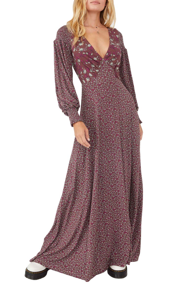 Love Story Long Sleeve Maxi Dress, Main, color, RAISIN COMBO