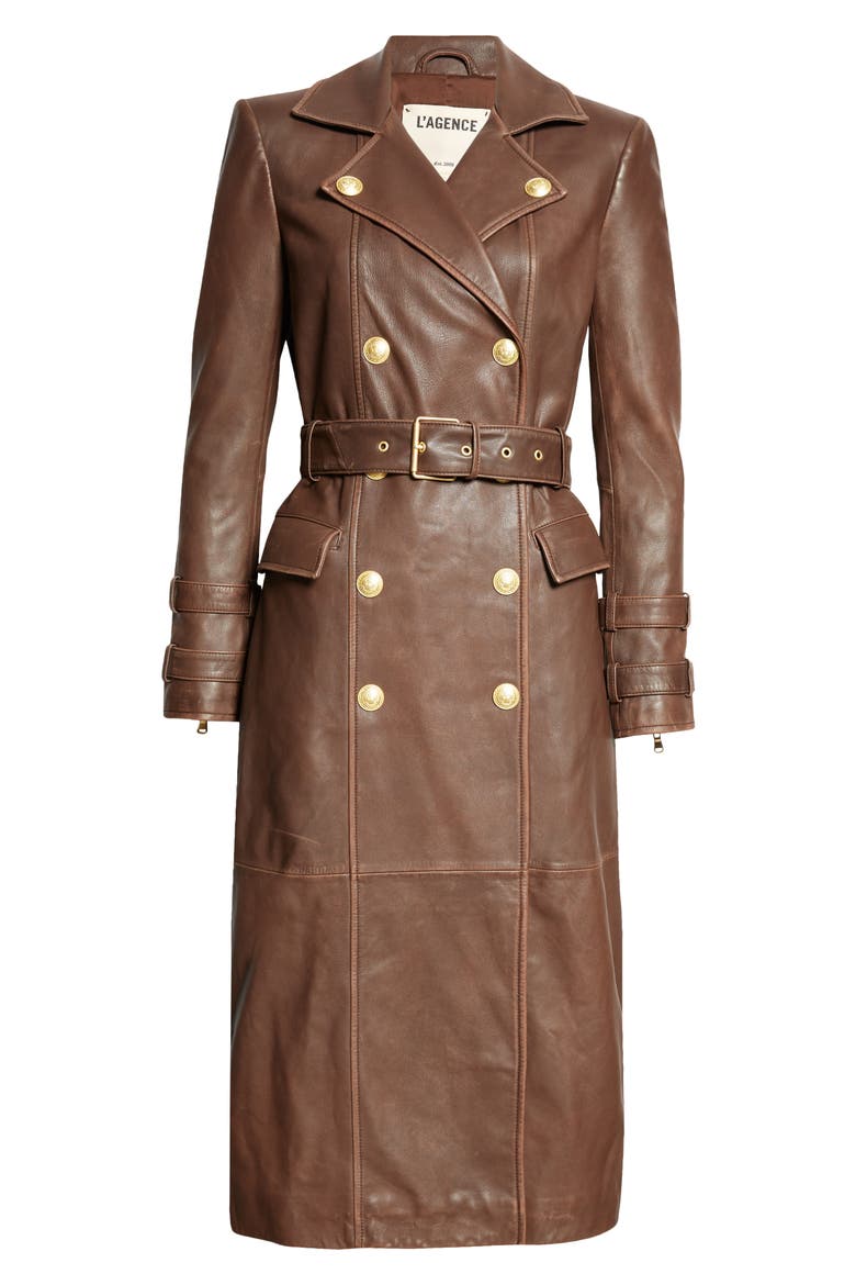 Celina Double Breasted Leather Trench Coat, Alternate, color, CHOCOLATE