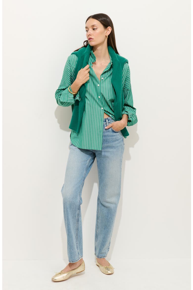 Jo Stripe Oversize Cotton Button-Up Shirt, Alternate, color, JADE GREEN