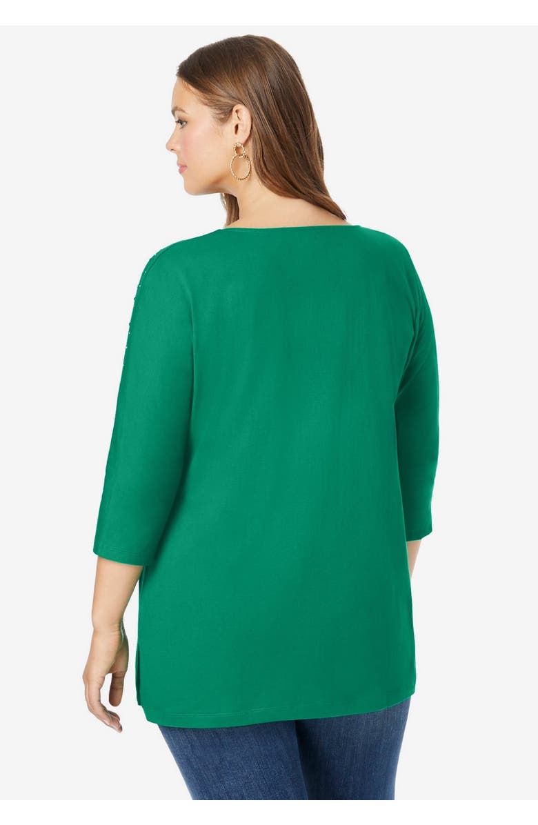 Roaman's Plus Size Three Quarter Sleeve Embellished Tunic, Alternate, color, Blue Sparkle Snowflakes