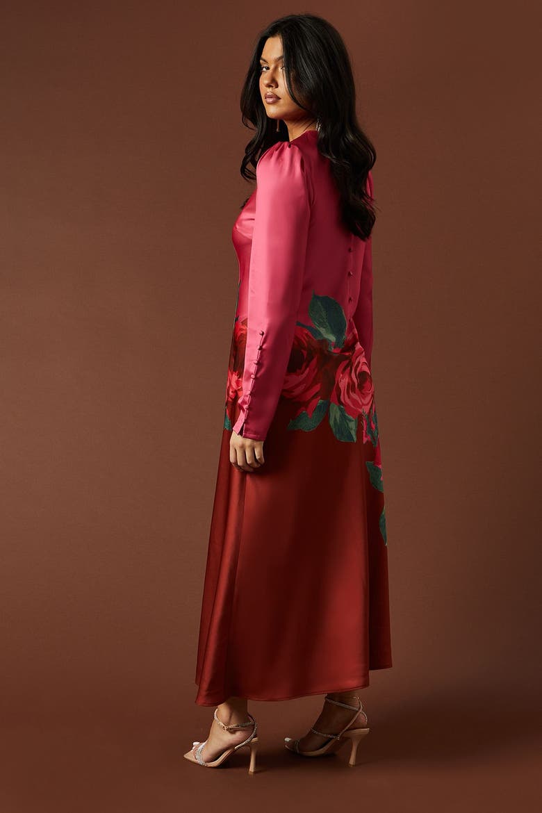 Premium Satin Placement Print Maxi Dress, Alternate, color, Pink