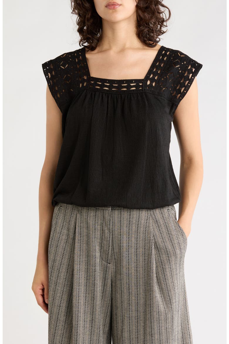 Open Stitch Square Neck Top, Main, color, BLACK
