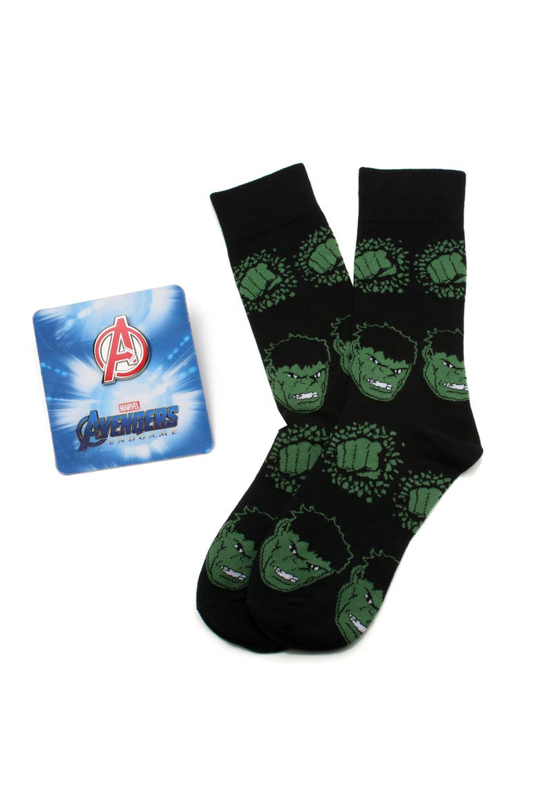 Avengers Hulk Crew Socks & Lapel Pin Set, Main, color, BLACK