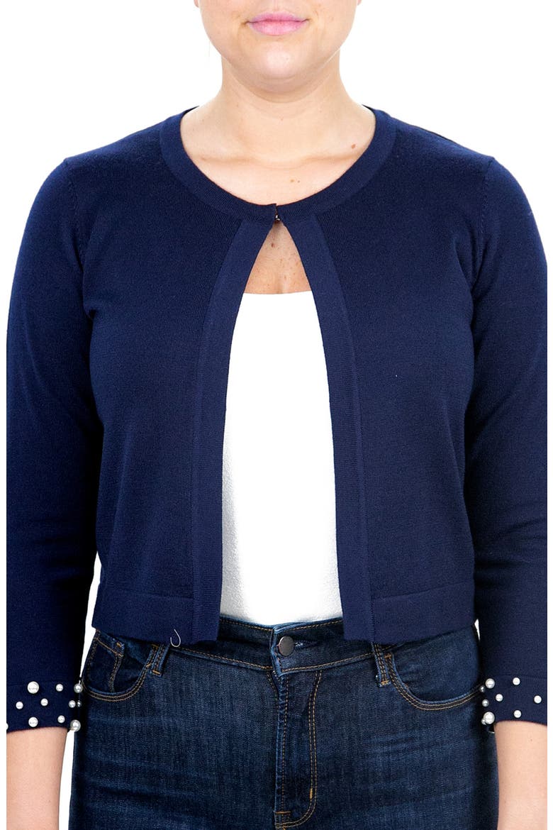 Imitation Pearl Cuff Bolero Cardigan, Main, color, NAVY
