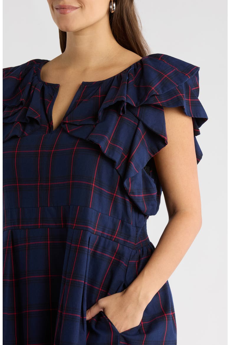 Holbrook Plaid Santana Tie Back Cotton Midi Dress, Alternate, color, NAVY-RED