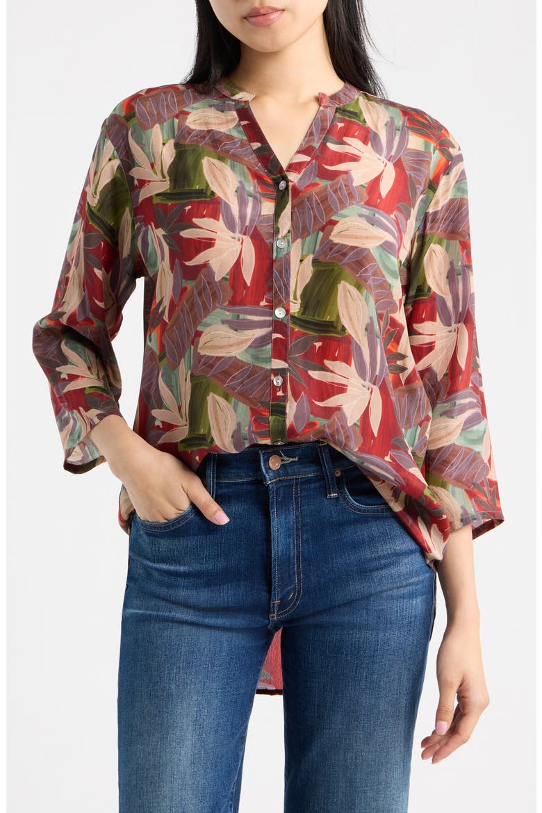 Mandarin Collar Button-Up Shirt, Main, color, CRIMSON/FOREST MUL