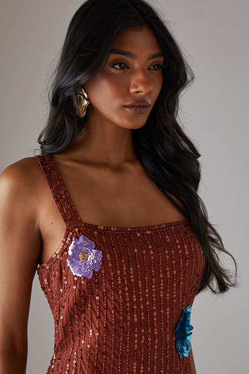 Warehouse Hand Embellished Flower Burst Midi Dress In Brown