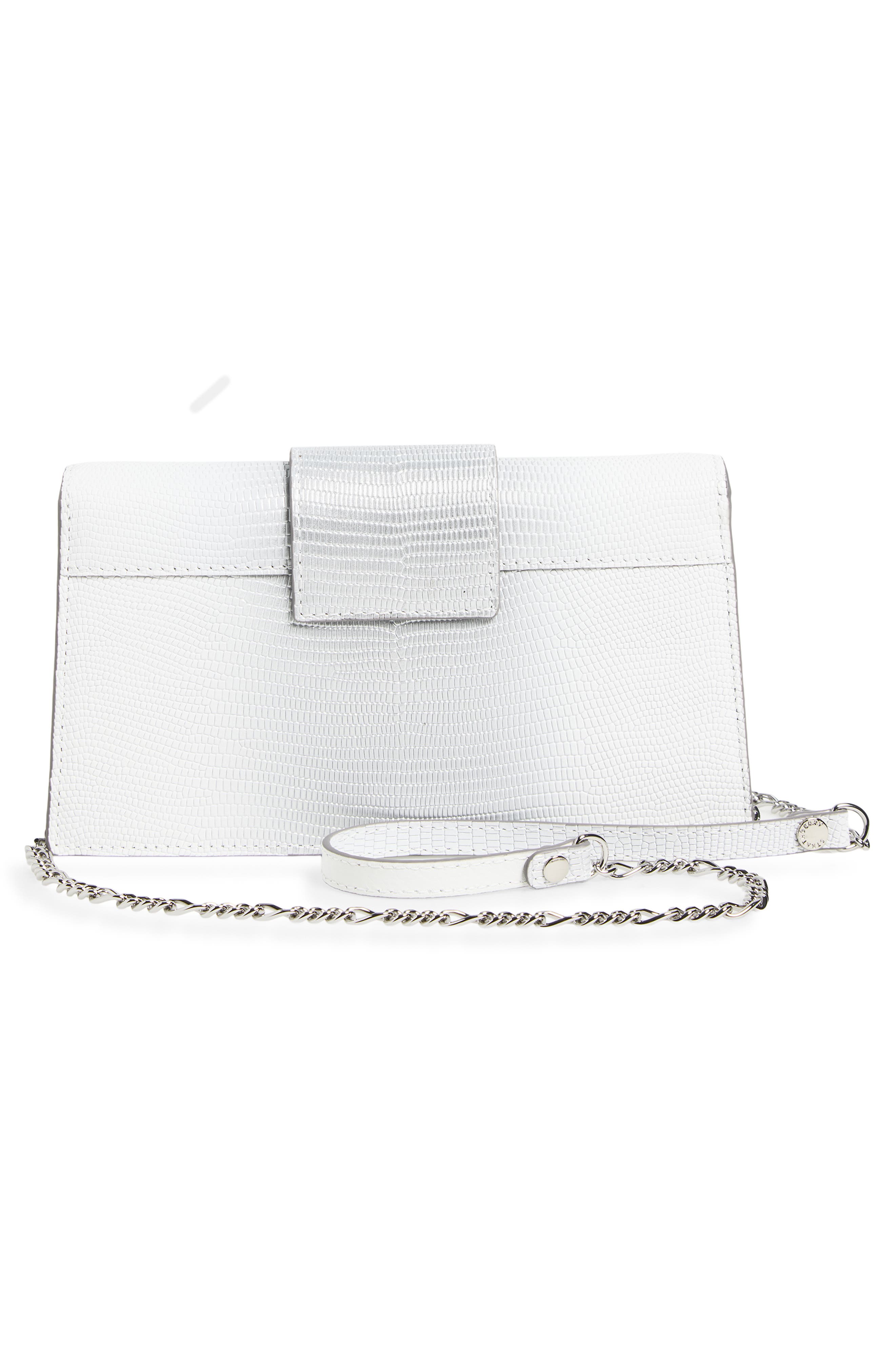 Strathberry Crescent Lizard Embossed Handbag on a Chain, Alternate, color, Silver