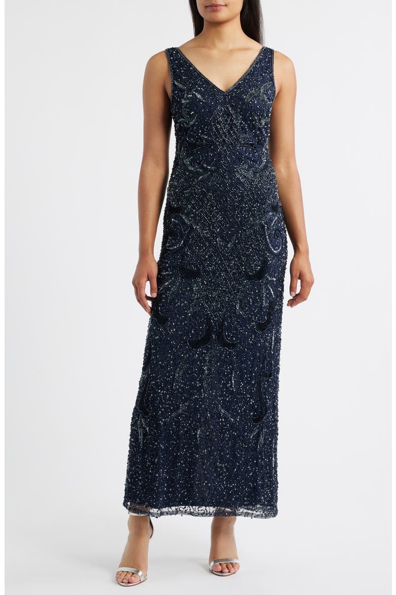 Beaded Sequin Embellished Mesh Column Gown with Jacket, Alternate, color, NAVY