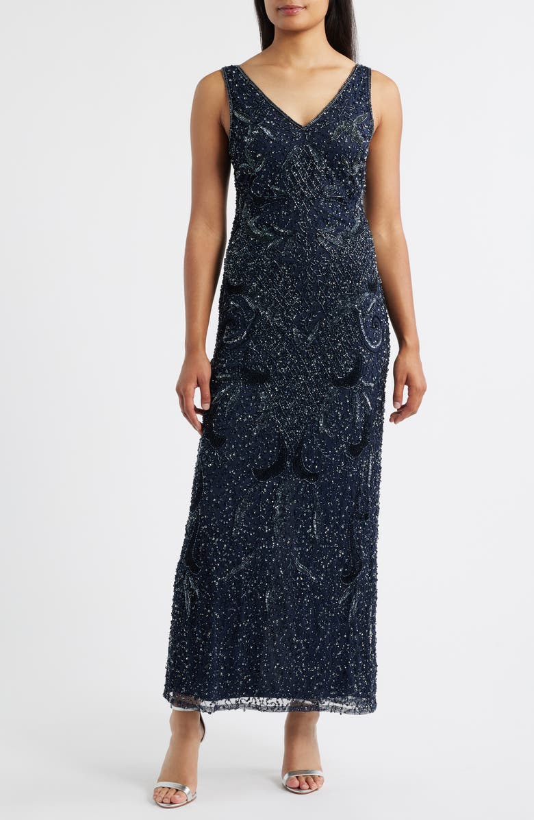 Pisarro Nights Beaded Sequin Embellished Mesh Column Gown with Jacket, Alternate, color, Navy
