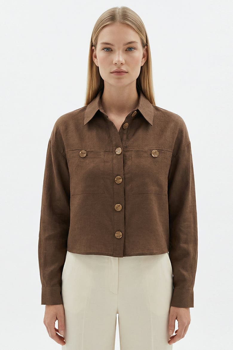 Seleneelle Long Sleeve Linen Crop Jacket, Alternate, color, Brown