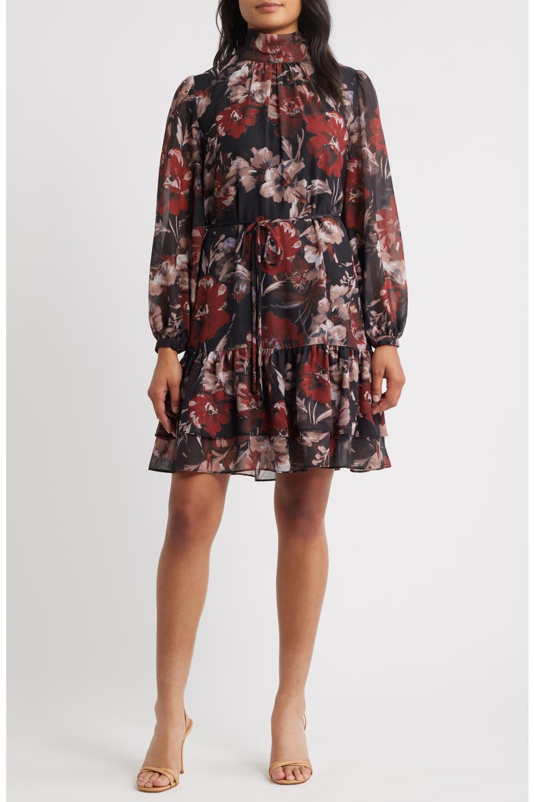 Long Sleeve Mock Neck Floral Dress, Main, color, BLACK MULTI