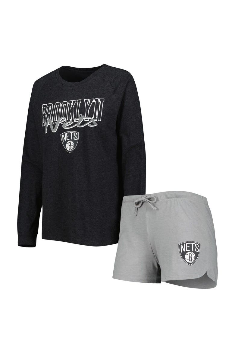Women's Concepts Sport Heather Black/Heather Gray Brooklyn Nets Team Raglan Long Sleeve T-Shirt & Shorts Sleep Set, Main, color, Heather Black