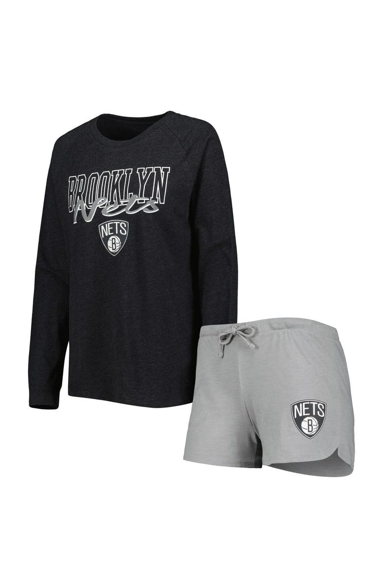 CONCEPTS SPORT Women's Concepts Sport Heather Black/Heather Gray Brooklyn Nets Team Raglan Long Sleeve T-Shirt & Shorts Sleep Set, Main, color, Heather Black
