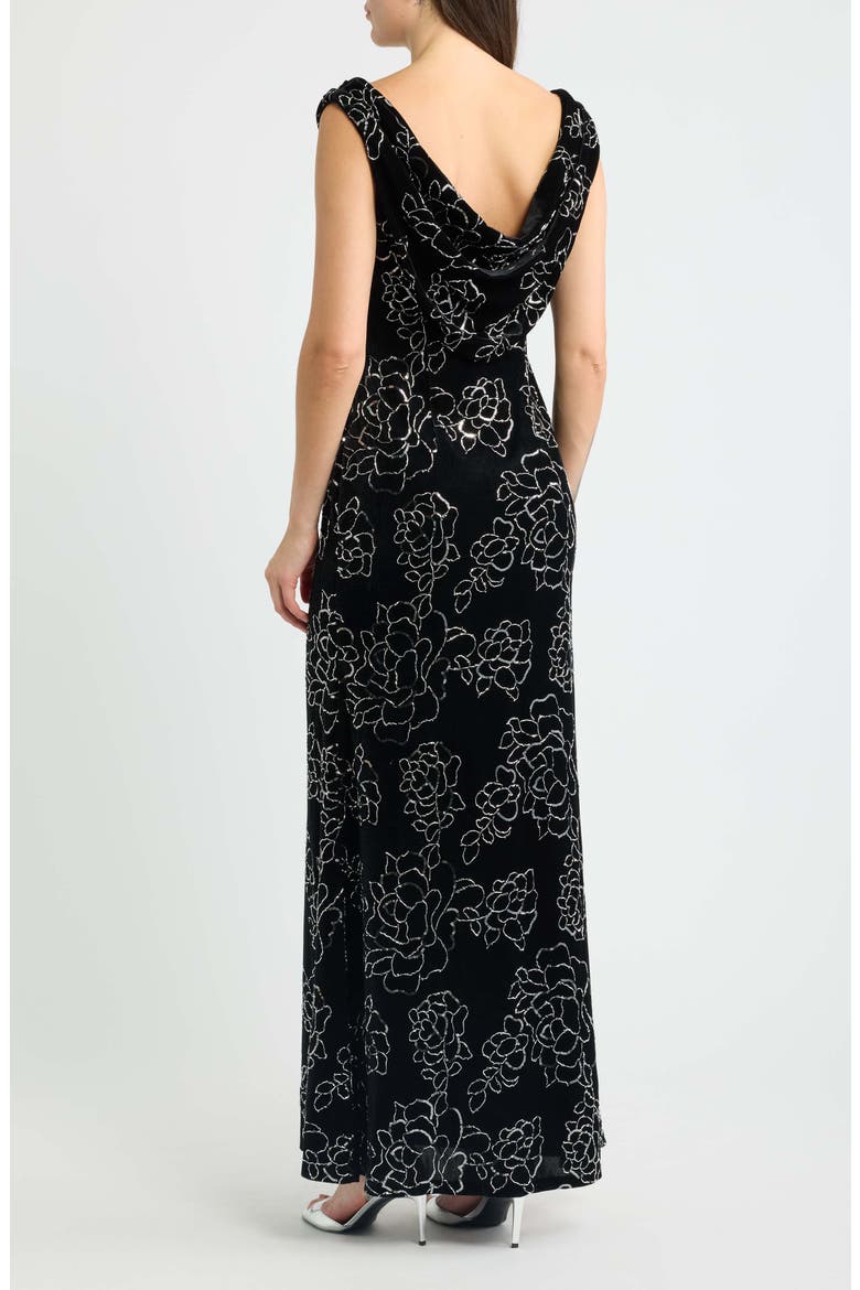 Floral Sequin Drape Neck Velvet Gown, Alternate, color, BLACK SILV