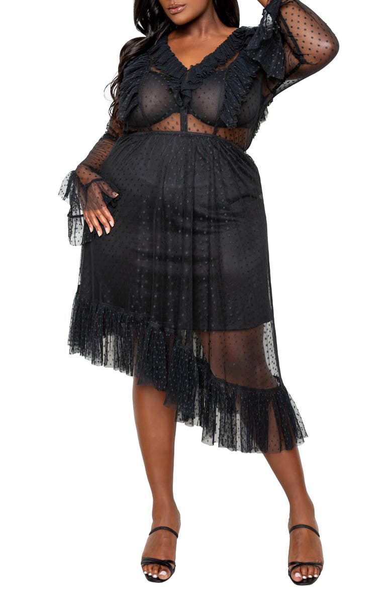 BUXOM COUTURE Asymmetric Polka Dot Ruffle Mesh Cocktail Dress, Main, color, 