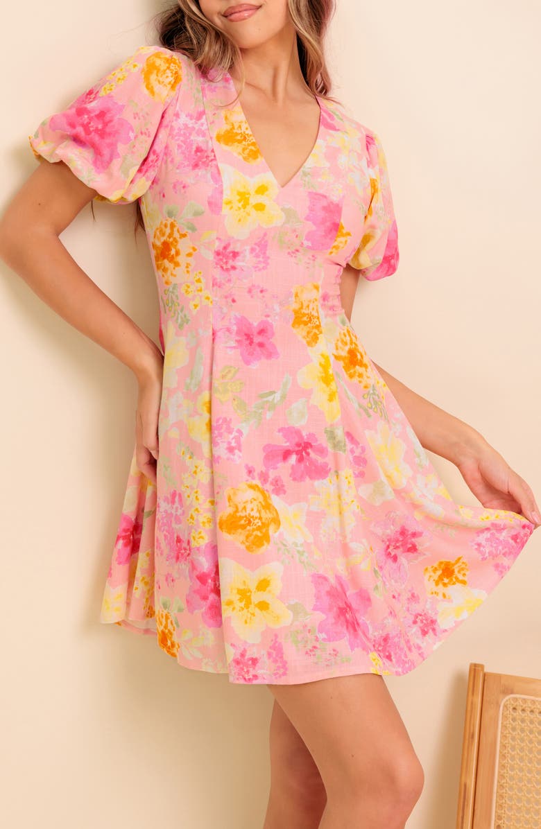 FLYING TOMATO Floral Puff Sleeve Linen Minidress, Alternate, color, 