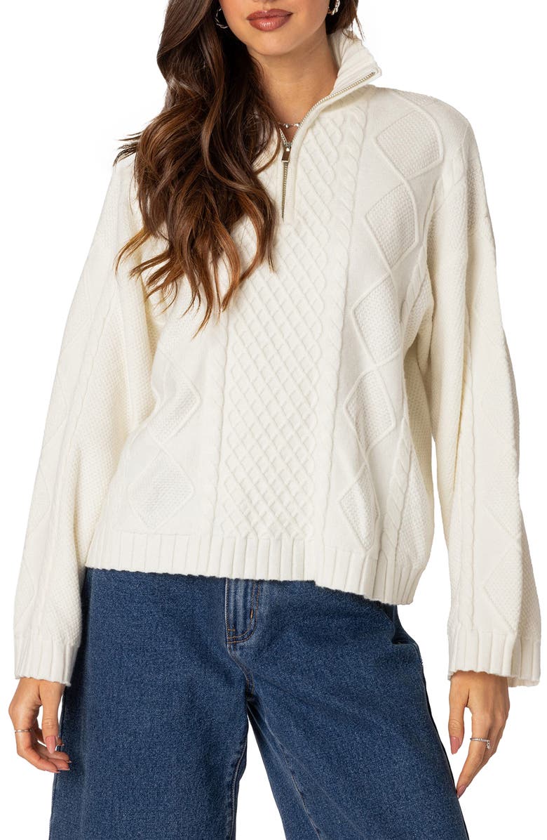 EDIKTED Oversize Cable Stitch Quarter Zip Pullover, Main, color, 
