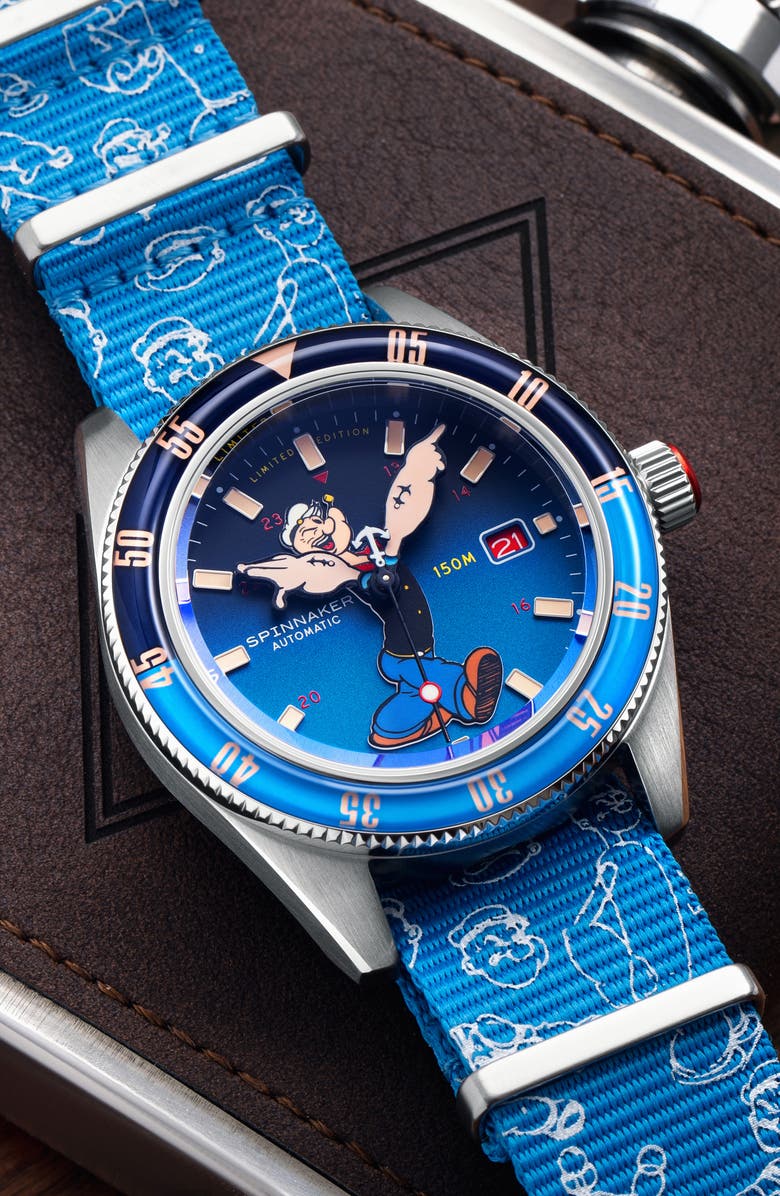 SPINNAKER x Popeye Fleuss Bronemies Automatic Silicone & Nylon Strap Watch, 43mm, Alternate, color, 