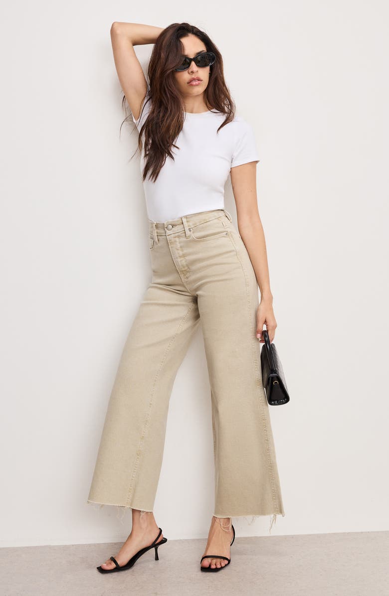 Good American Good Skate Raw Hem Ankle Wide Leg Jeans, Alternate, color, Dune001