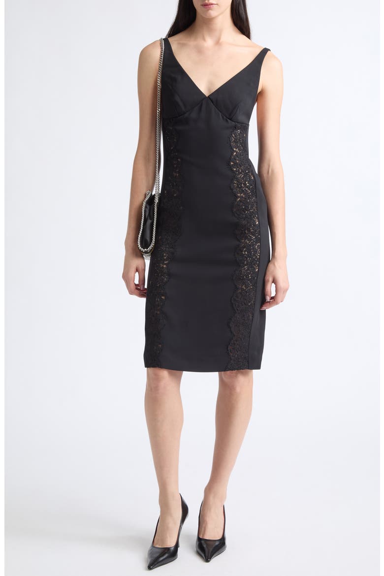Lace Trim Stretch Cady Cocktail Dress, Alternate, color, BLACK