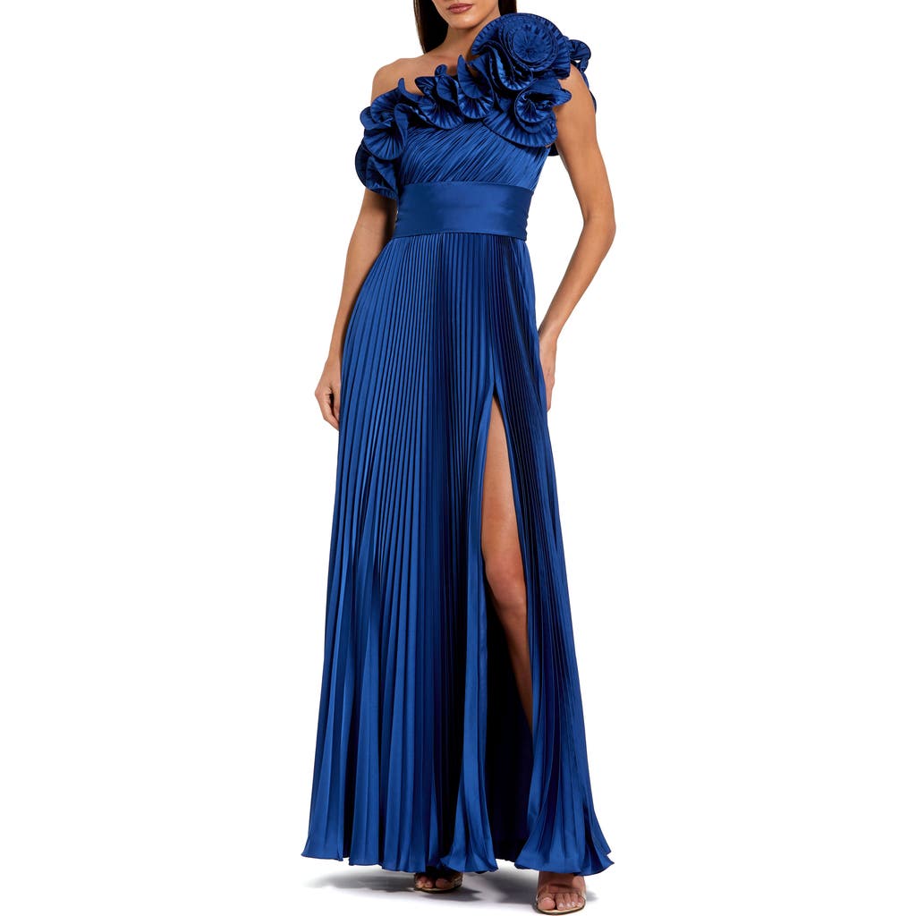Mac Duggal Pleated Charmeuse One Shoulder Ruffle Gown In Blue