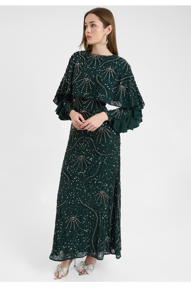 Modest Embellished Sequin Beaded Dress Maxi With Cape Style Top, Alternate, color, EMERALD GREEN