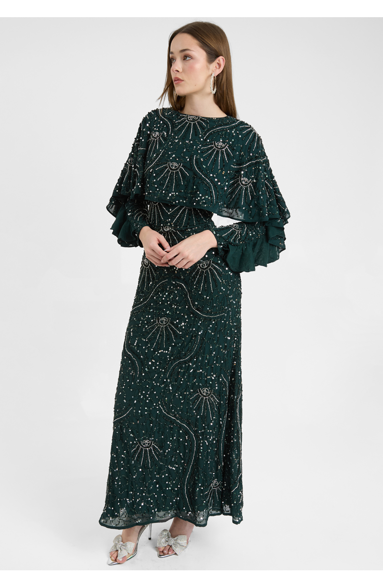 MARYISA Modest Embellished Sequin Beaded Dress Maxi With Cape Style Top, Alternate, color, Emerald Green