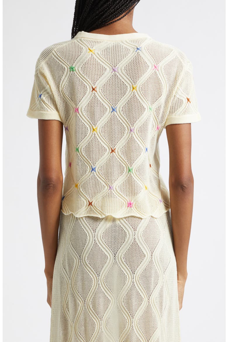Cotton Short Sleeve Lattice Stitch Sweater, Alternate, color, IVORY