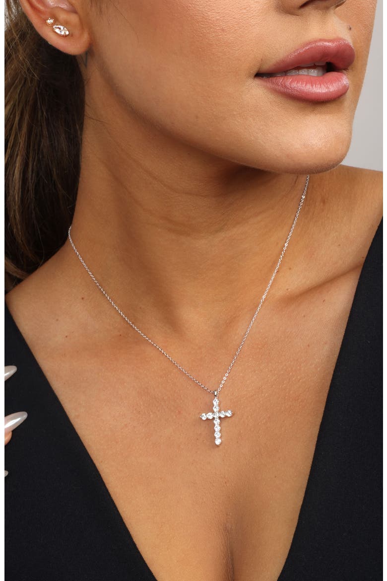 Oh She Fancy Small Cubic Zirconia Cross Pendant Necklace, Alternate, color, SILVER-WHITE