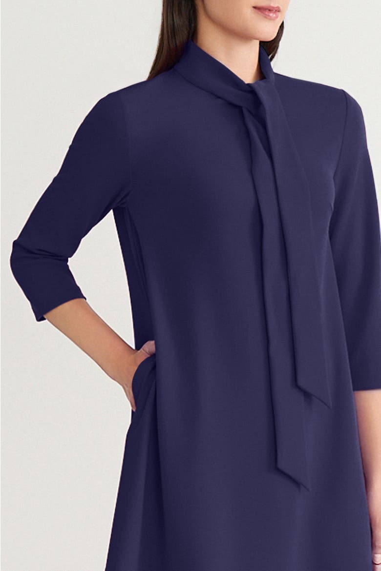 Stretch Deco Crepe Tie Neck Tent Dress, Alternate, color, Indigo