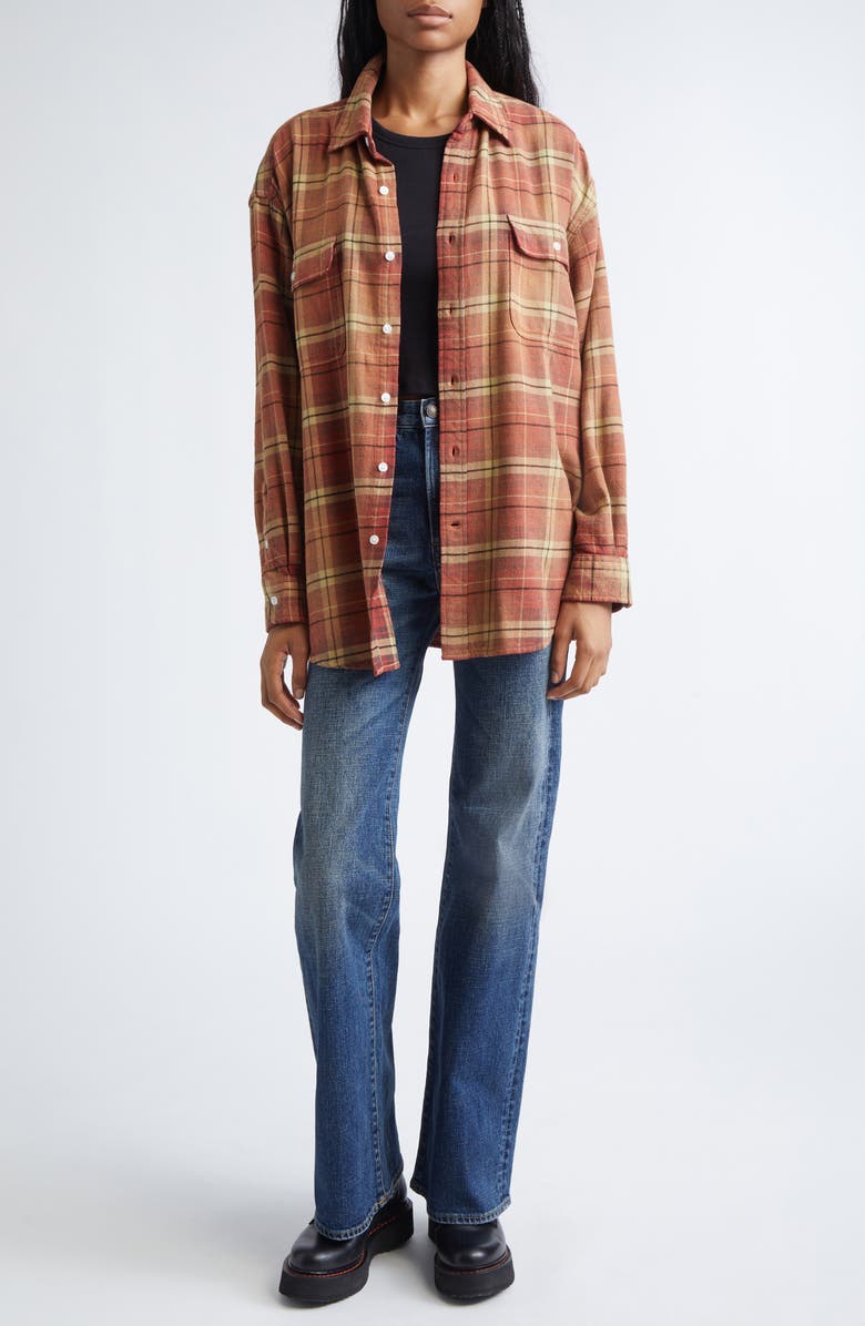 R13 Boyfriend Plaid Cotton Button-Up Shirt, Alternate, color, Bleached Red / Ecru Plaid