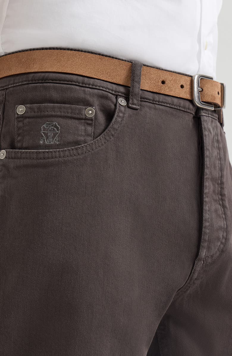 Brunello Cucinelli Garment-dyed comfort lightweight denim traditional fit five-pocket trousers, Alternate, color, Brown