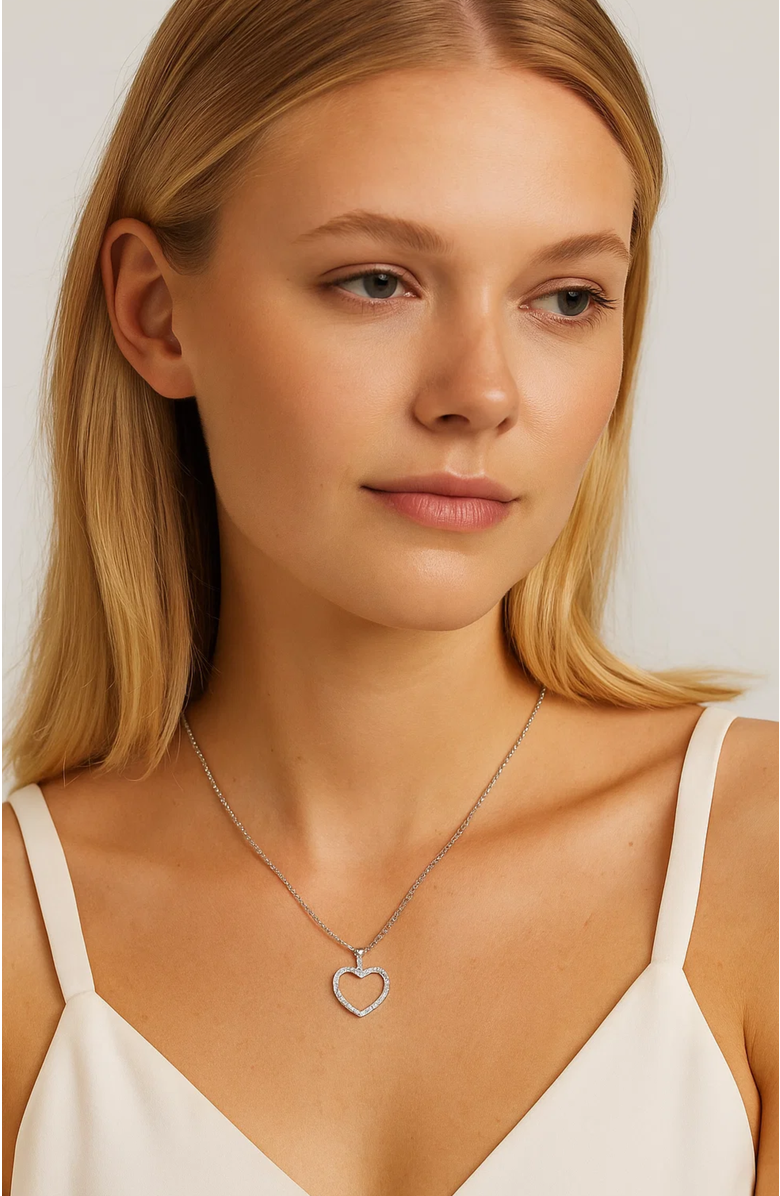 Hollywood Sensation Crystal Heart Necklace White Gold with Cubic Zirconia Stones, Alternate, color, Silver