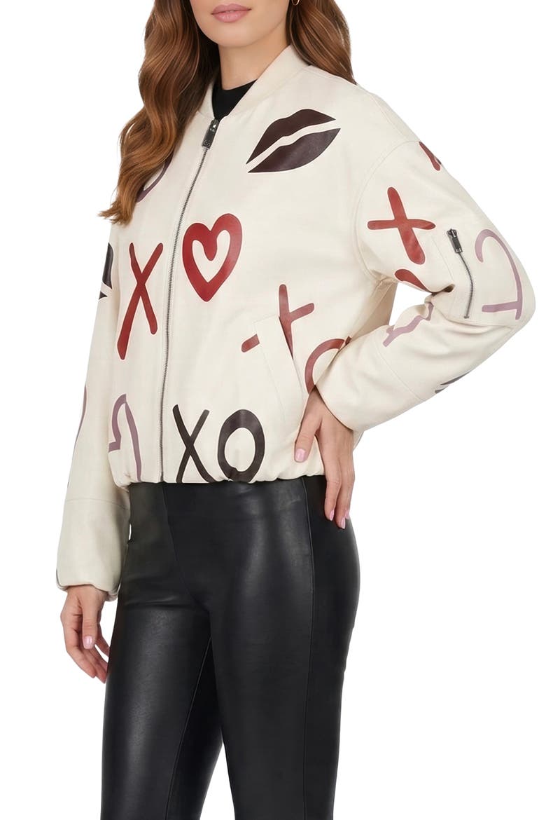 Genuine Nappa Leather Bomber Zip Jacket, Alternate, color, WHITE/XO MULTI