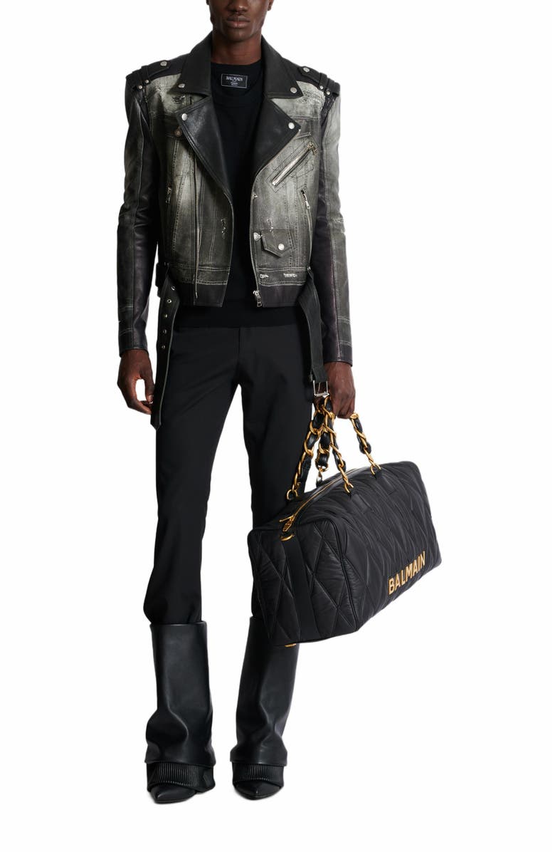 Balmain Leather Biker Jacket With Denim Print, Alternate, color, 