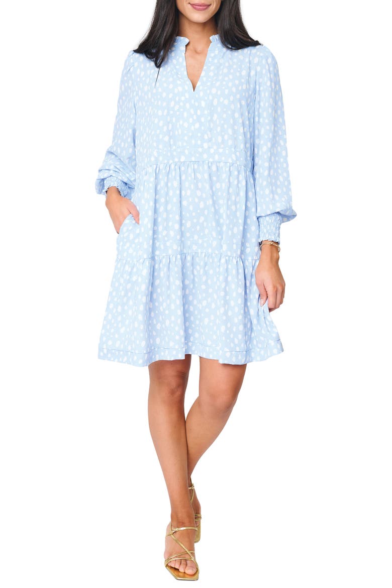 Printed Tiered Long Sleeve Dress, Main, color, SKY BLUE OFF WHITE DOT