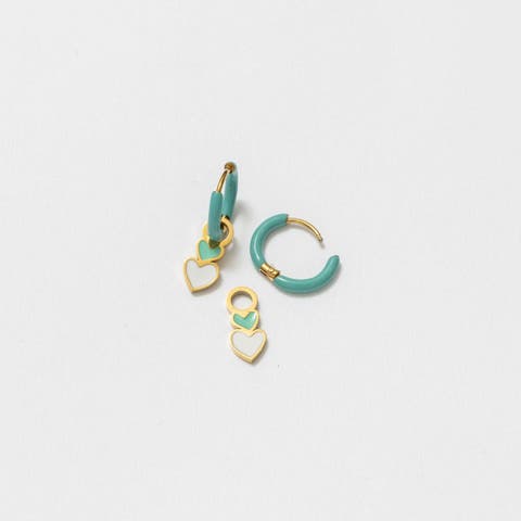 Heart Stack Charm & Turquoise Enamel Hoop Earring Set