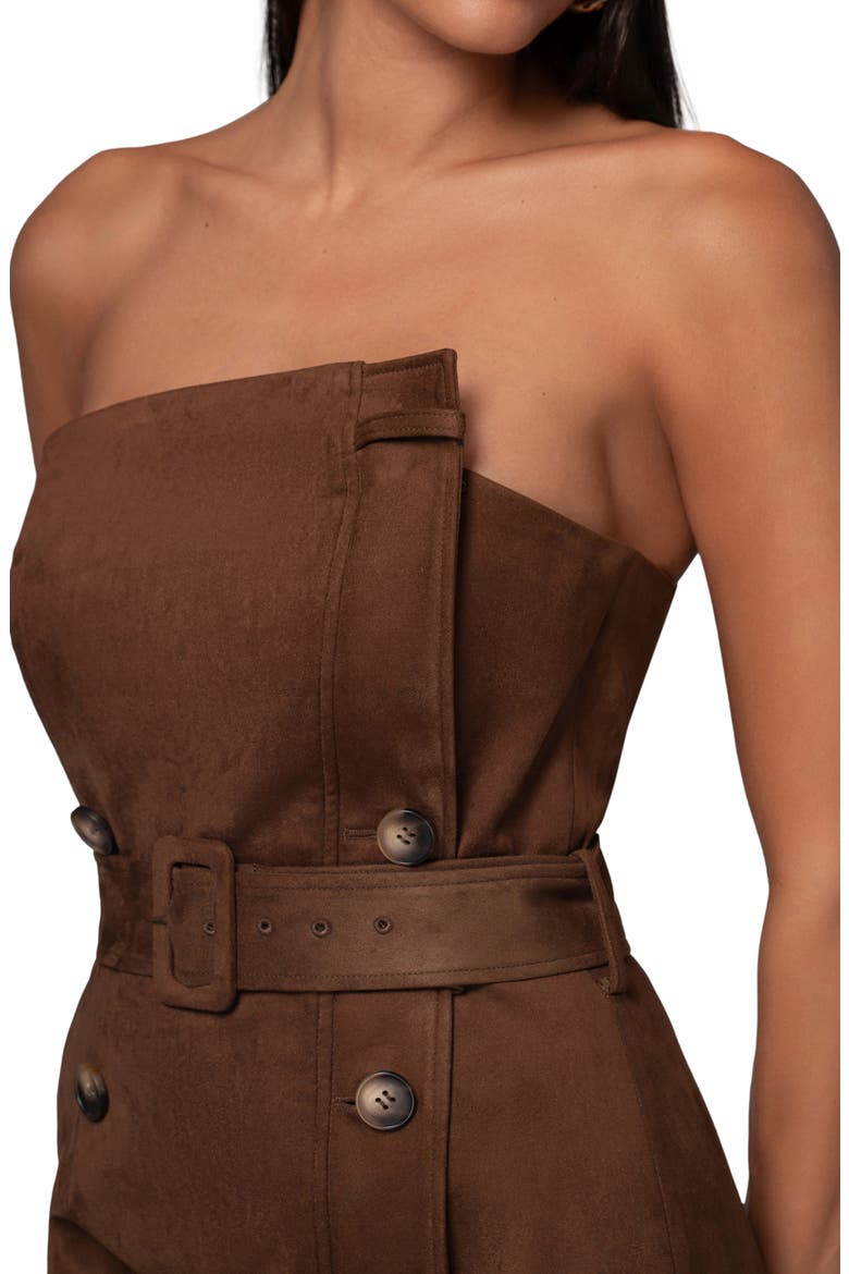 Chocolate Xena Belted Strapless Faux Suede Maxi Dress, Alternate, color, BROWN