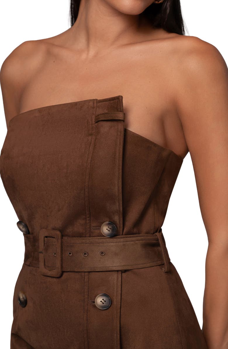 JLUXLABEL Chocolate Xena Belted Strapless Faux Suede Maxi Dress, Alternate, color, Brown