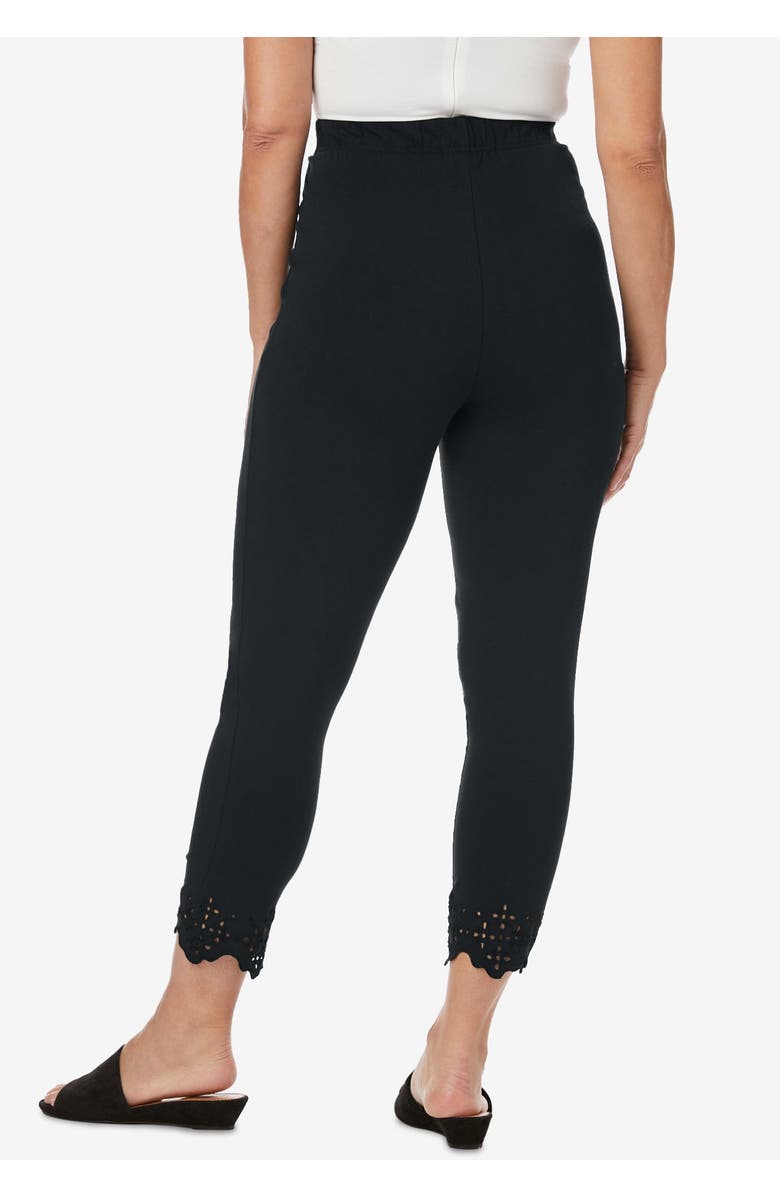 Jessica London Stretch Cotton Eyelet Capri Legging, Alternate, color, Black Floral Eyelet