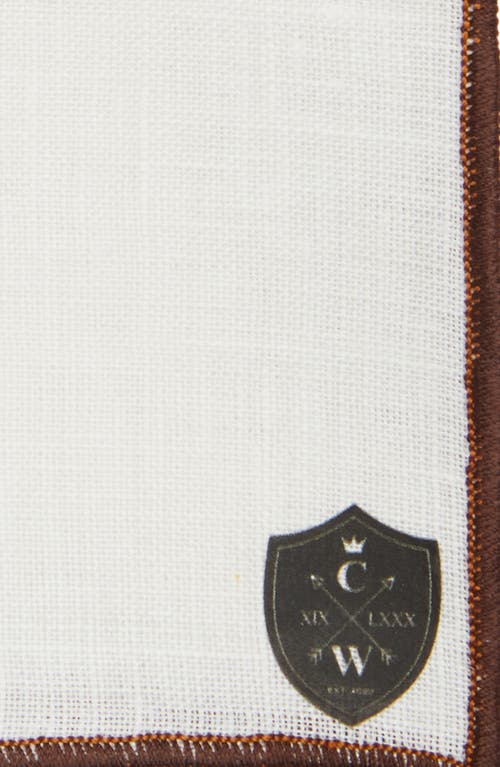 Clifton Wilson White Linen Pocket Square With Brown Trim In Brown