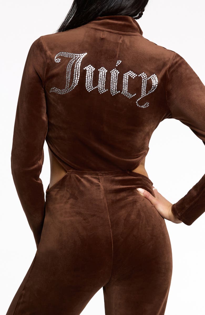 Juicy Couture Bling Cutout Long Sleeve Velour Jumpsuit, Alternate, color, 