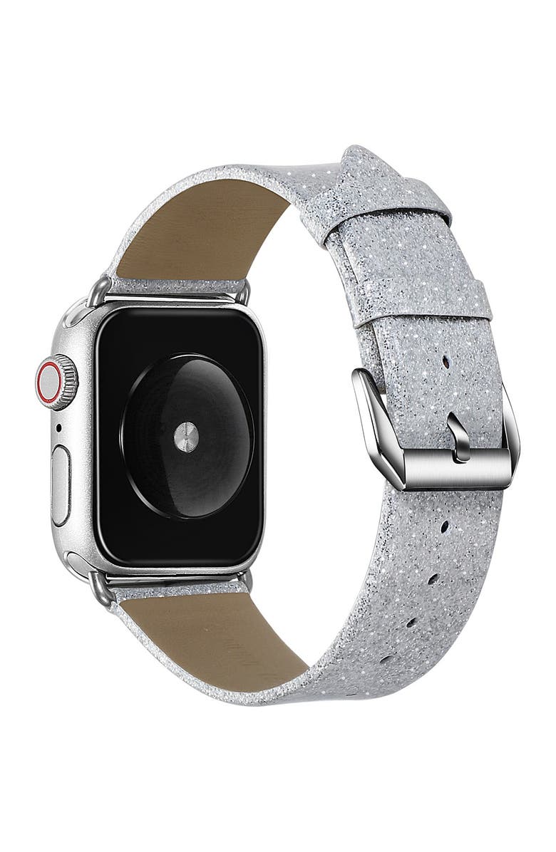Posh Tech Silver Glitter Leather 42mm/44mm Band for Apple Watch Series 1, 2, 3, 4, 5, Main, color, Silver