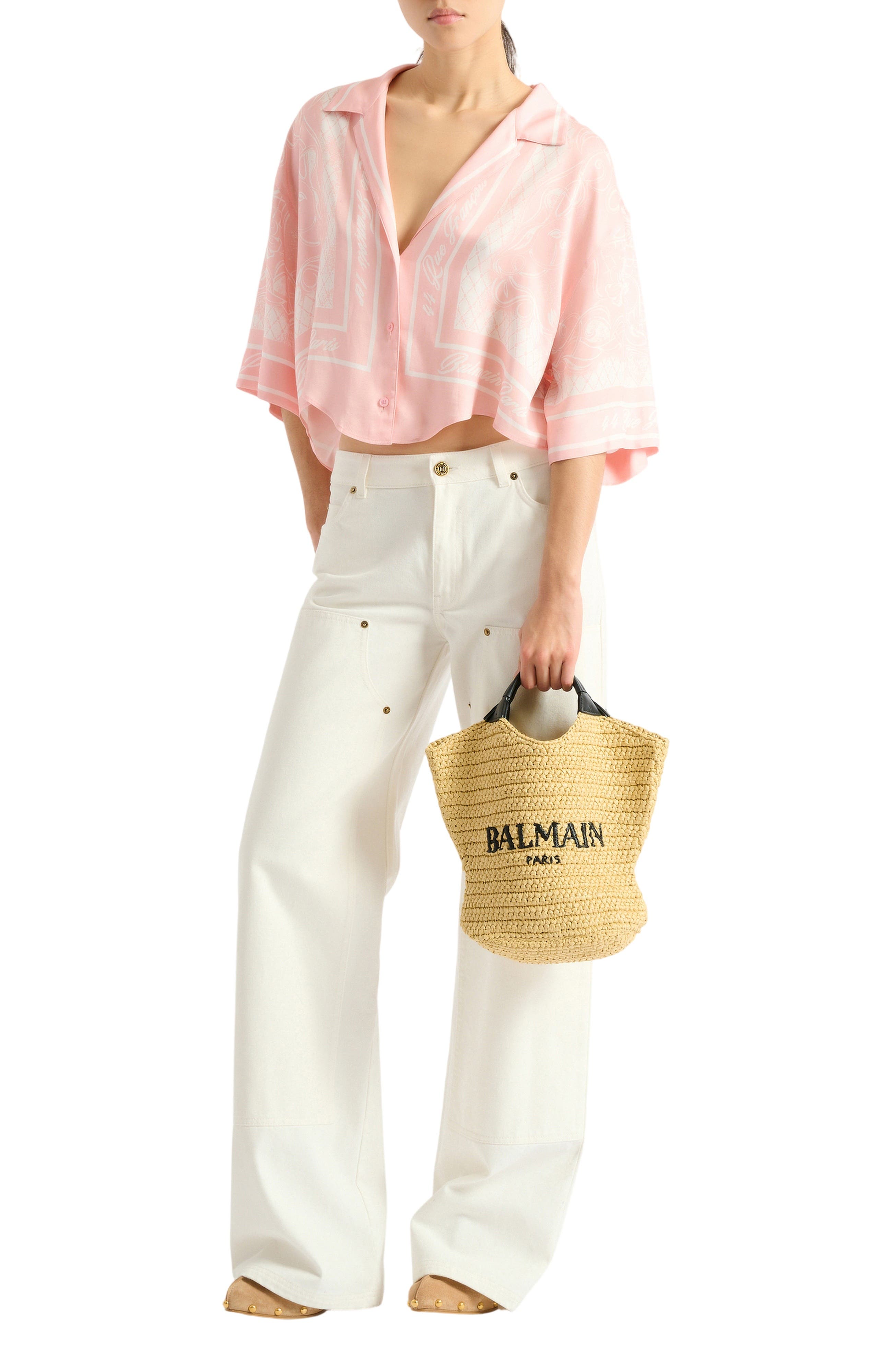 Balmain Mini Balmain crochet tote bag, Alternate, color, Beige