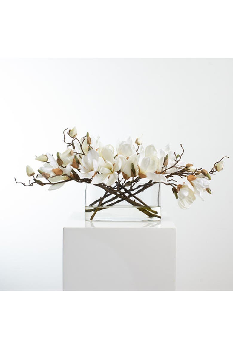 White Magnolia Blossom Branch Centerpiece Water Illusion Arrangement in Oval Pocket Vase, Main, color, White