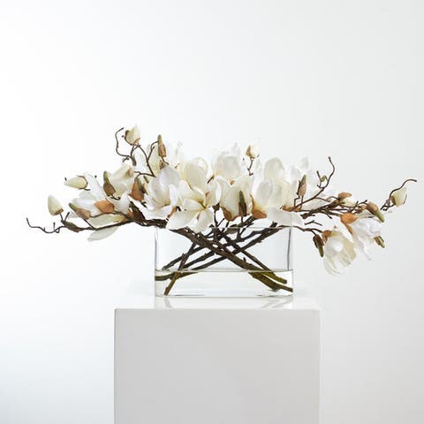 White Magnolia Blossom Branch Centerpiece Water Illusion Arrangement in Oval Pocket Vase