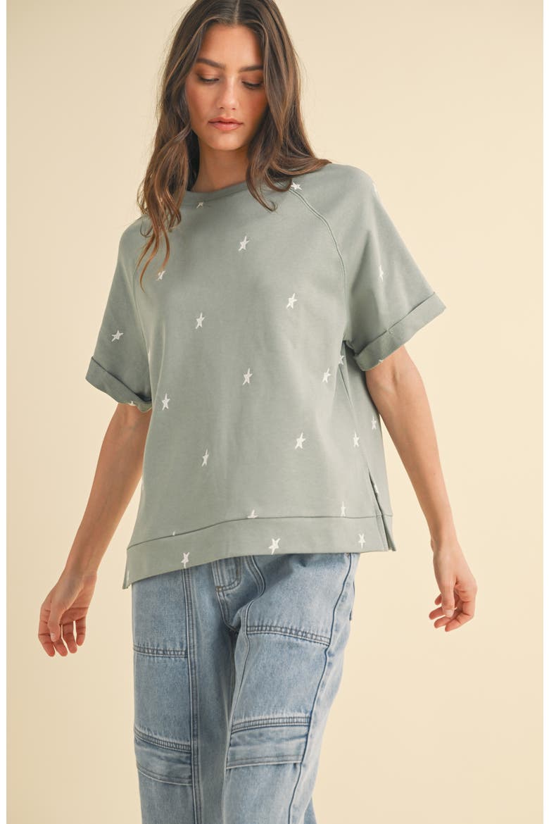Star Embroidered Boxy Knit T-Shirt, Alternate, color, GREEN/ WHITE