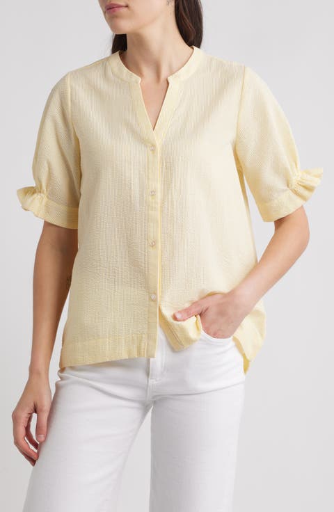 Seersucker Gathered Short Sleeve Button-Up Shirt