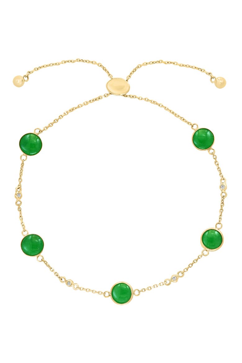 14K Yellow Gold Bezel Set Green Jade & White Sapphire Station Adjustable Slide Bracelet, Main, color, GREEN